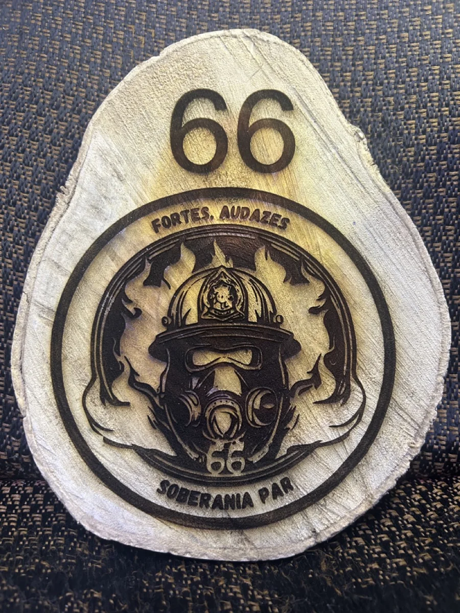 Desenho gravado a laser em madeira com o número 66